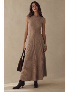 Banana Republic Andiamo Merino Wool Ribbed Sweater Dress XS Beige Taupe Midi
